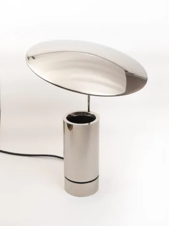 Rare "TOS" nickel-plated metal table lamp by Florian Schulz. Cylindrical fully chrome-plated base with an adjustable chrome reflector plate. Produced between the 1980s and 1990s.
