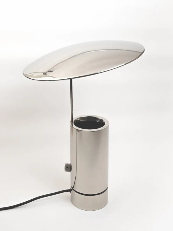 Rare "TOS" nickel-plated metal table lamp by Florian Schulz. Cylindrical fully chrome-plated base with an adjustable chrome reflector plate. Produced between the 1980s and 1990s. Pair available